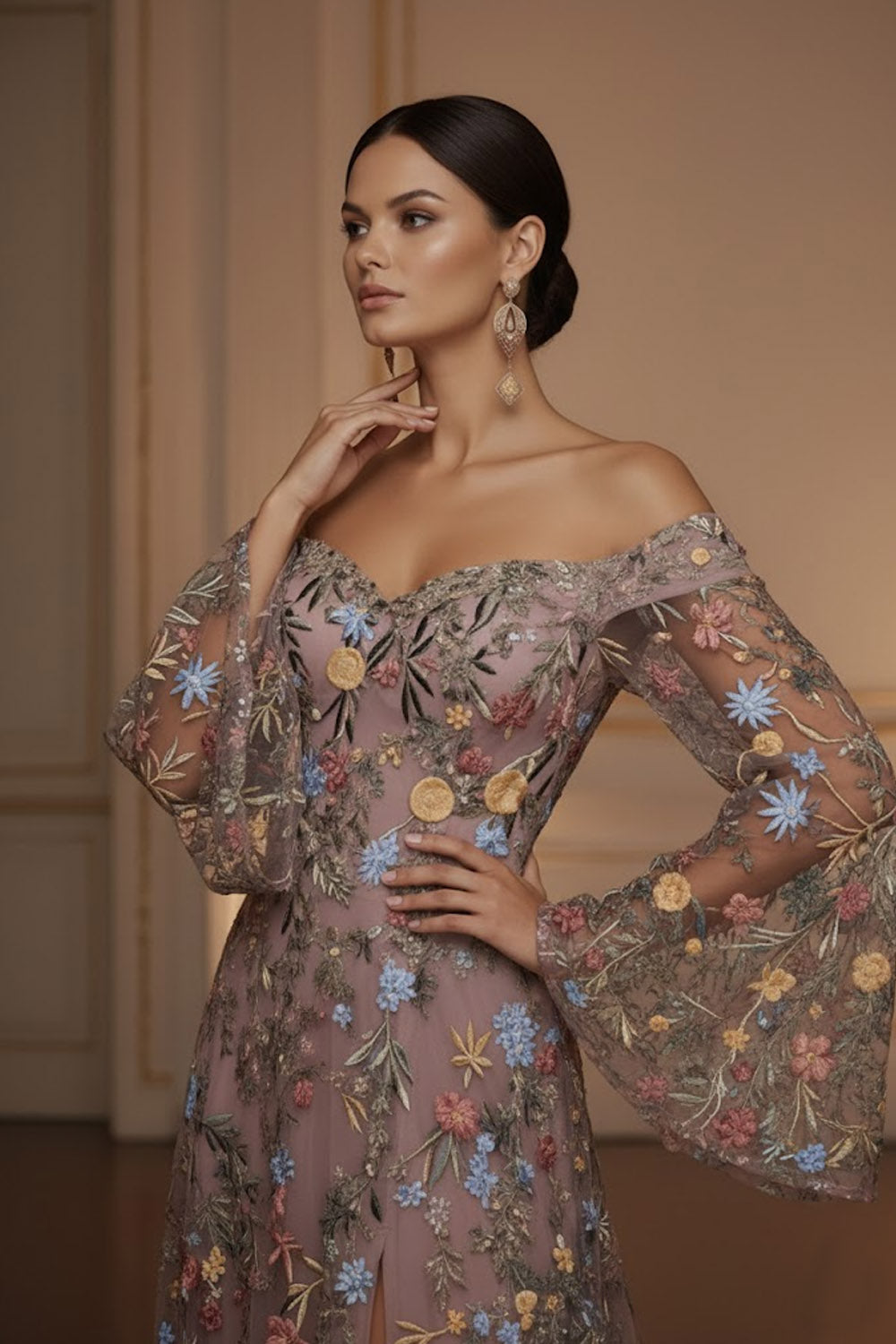 Mauve Floral Embroidered Flutter Sleeves Maxi Prom Dress with Slit