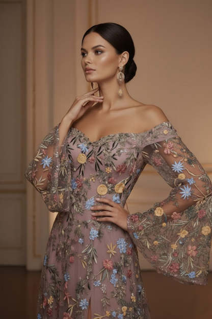 Mauve Floral Embroidered Flutter Sleeves Maxi Prom Dress with Slit