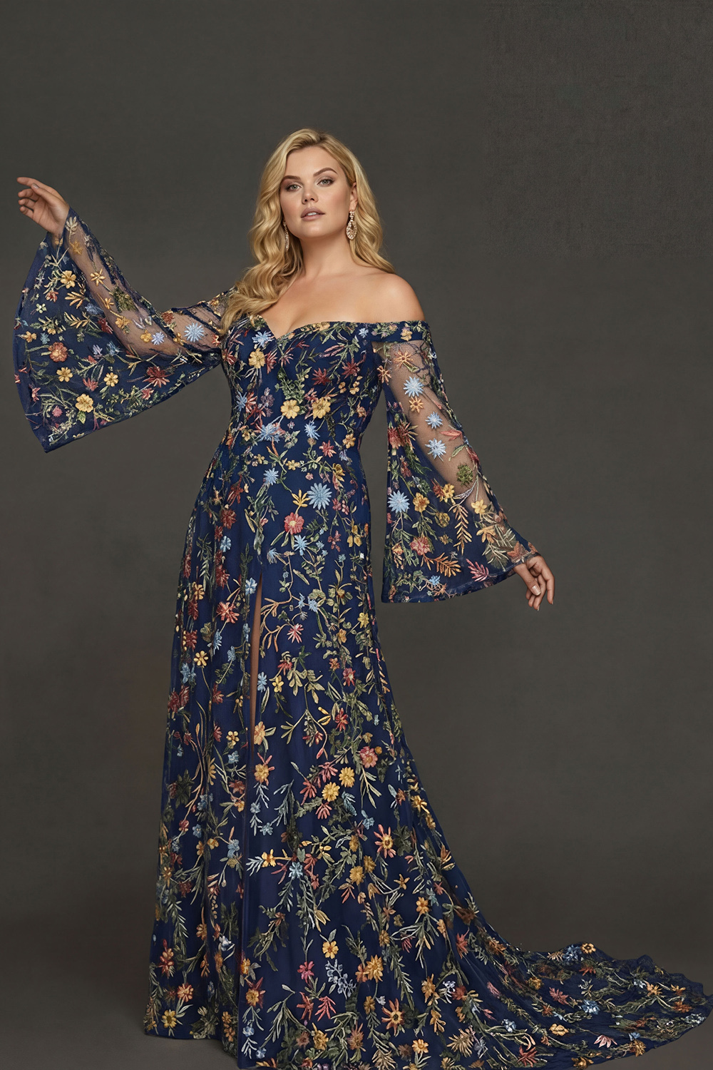 Embroidered Mauve Floral Plus Size Flutter Sleeves Maxi Prom Dress with Slit