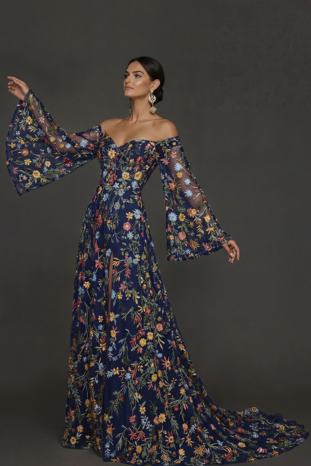 Mauve Floral Embroidered Flutter Sleeves Maxi Prom Dress with Slit