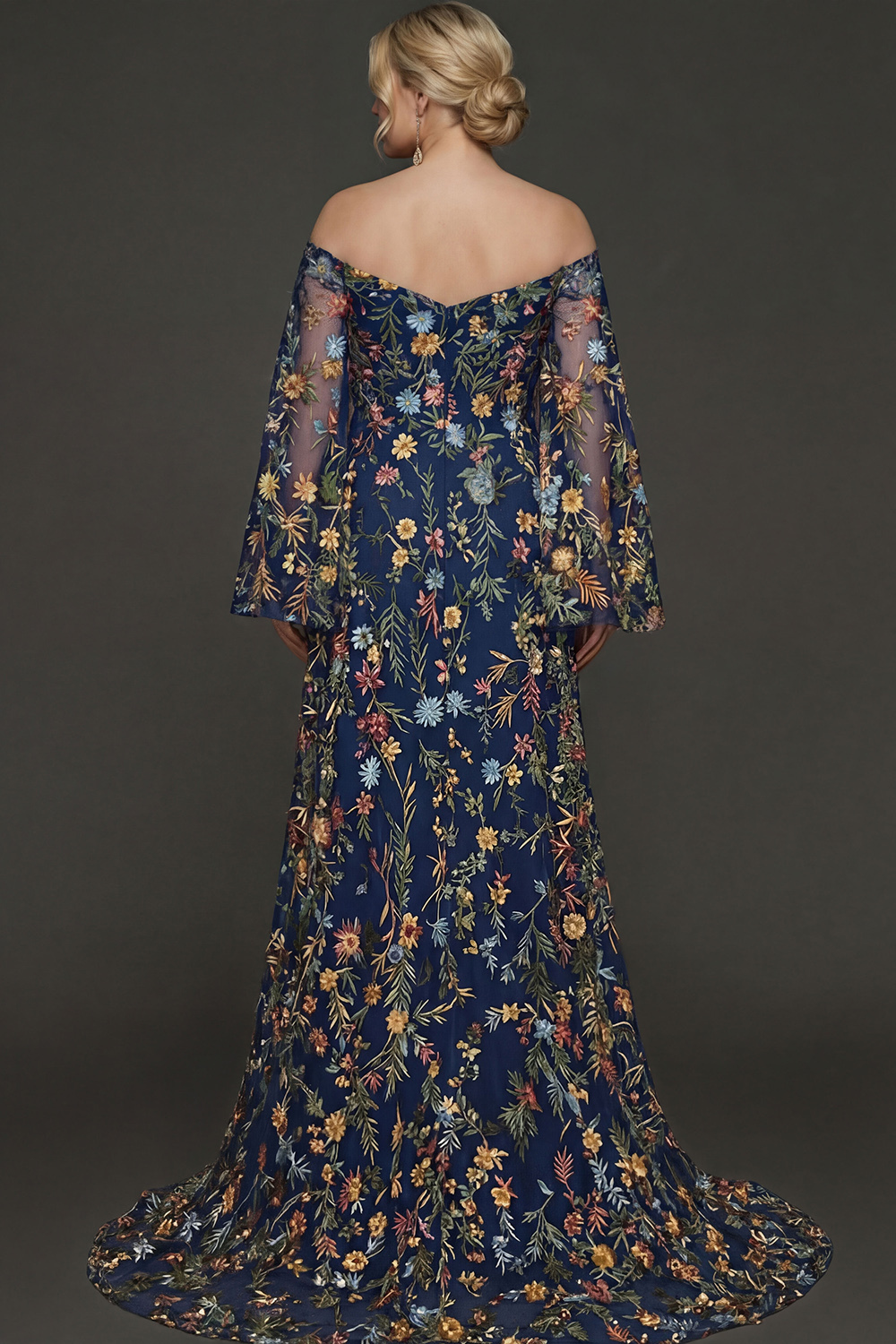 Embroidered Mauve Floral Plus Size Flutter Sleeves Maxi Prom Dress with Slit