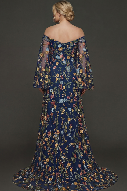 Embroidered Mauve Floral Plus Size Flutter Sleeves Maxi Prom Dress with Slit