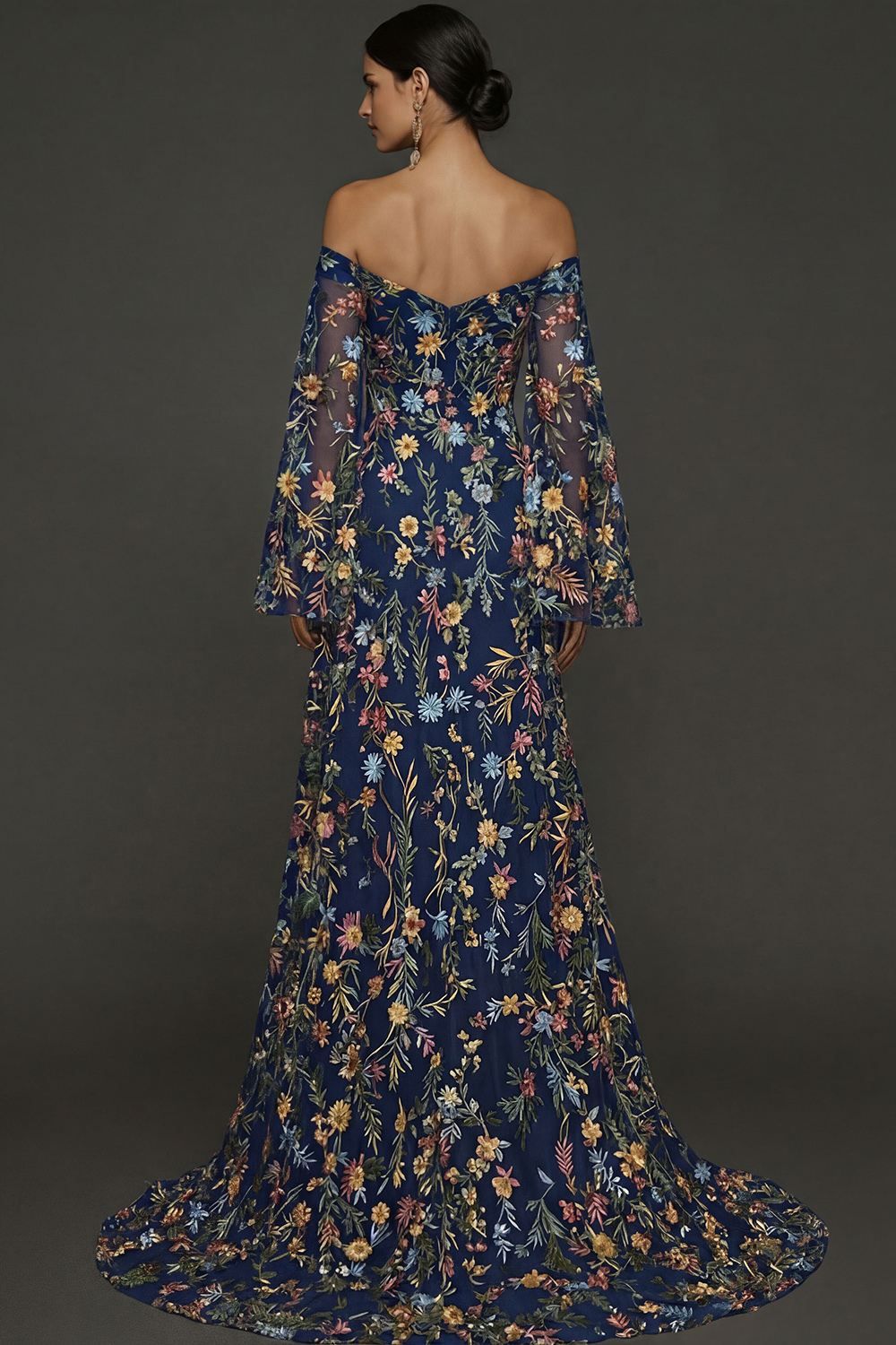 Mauve Floral Embroidered Flutter Sleeves Maxi Prom Dress with Slit