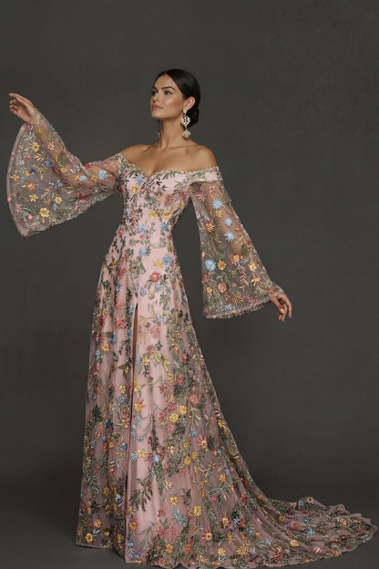 Mauve Floral Embroidered Flutter Sleeves Maxi Prom Dress with Slit