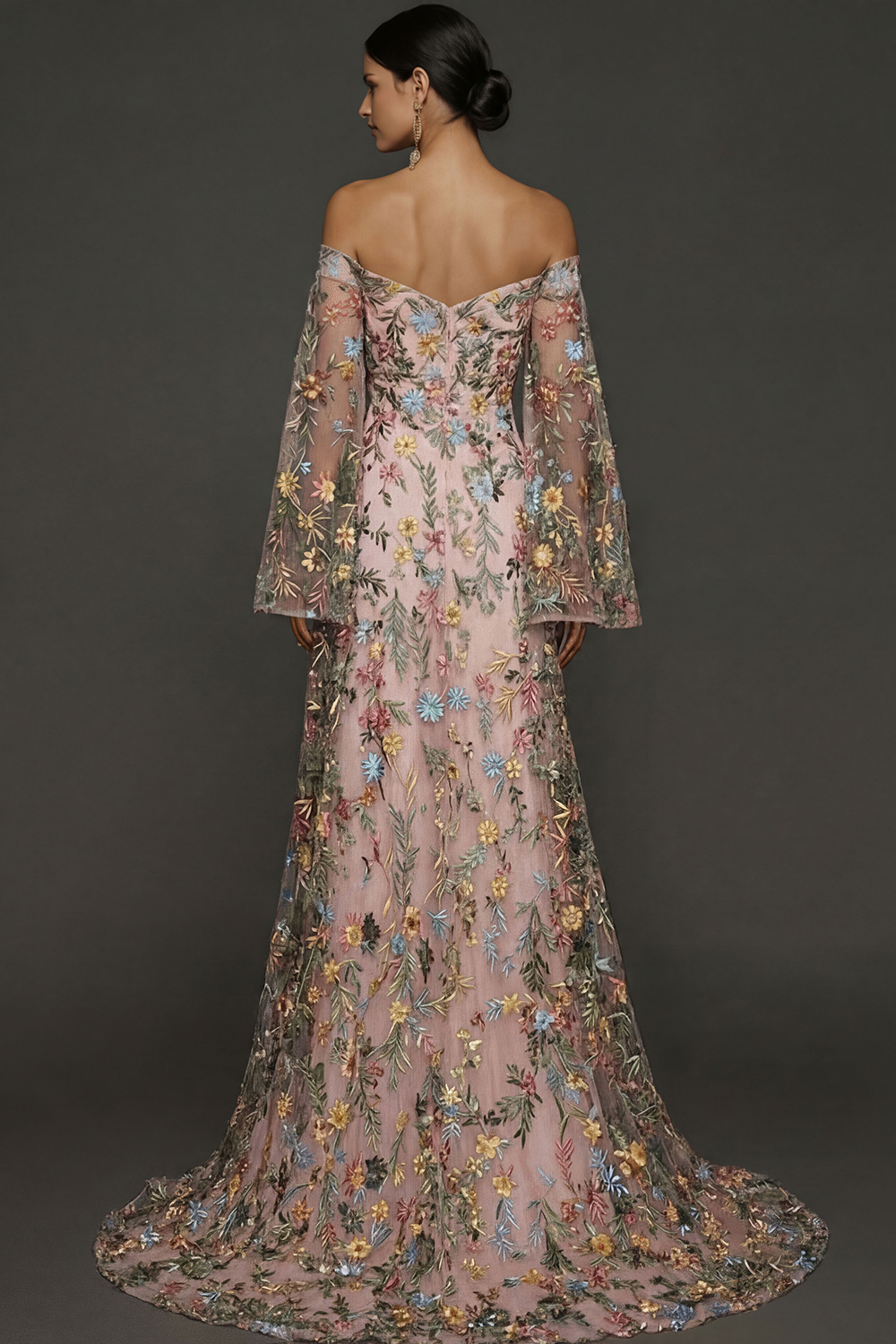 Mauve Floral Embroidered Flutter Sleeves Maxi Prom Dress with Slit