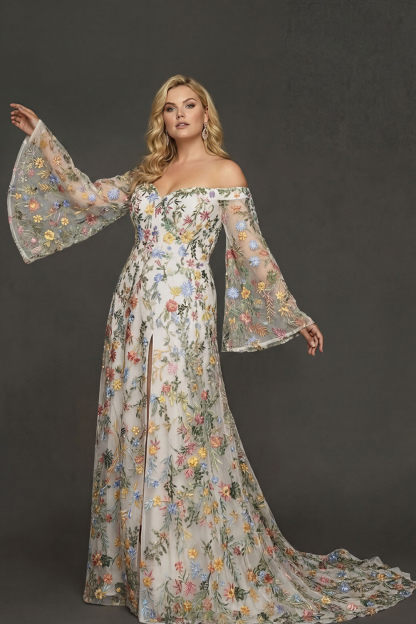 Leely Women Off the Shoulder Mauve Plus Size Floral Maxi Prom Dress with Embroidery A Line Flutter Sleeves Evening Dress with Slit