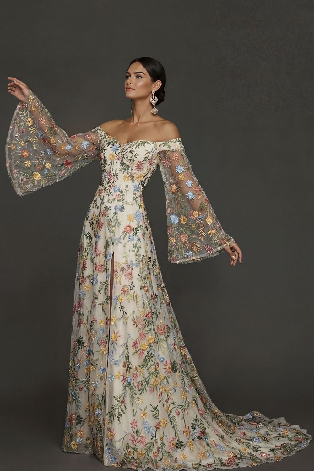 Mauve Floral Embroidered Flutter Sleeves Maxi Prom Dress with Slit