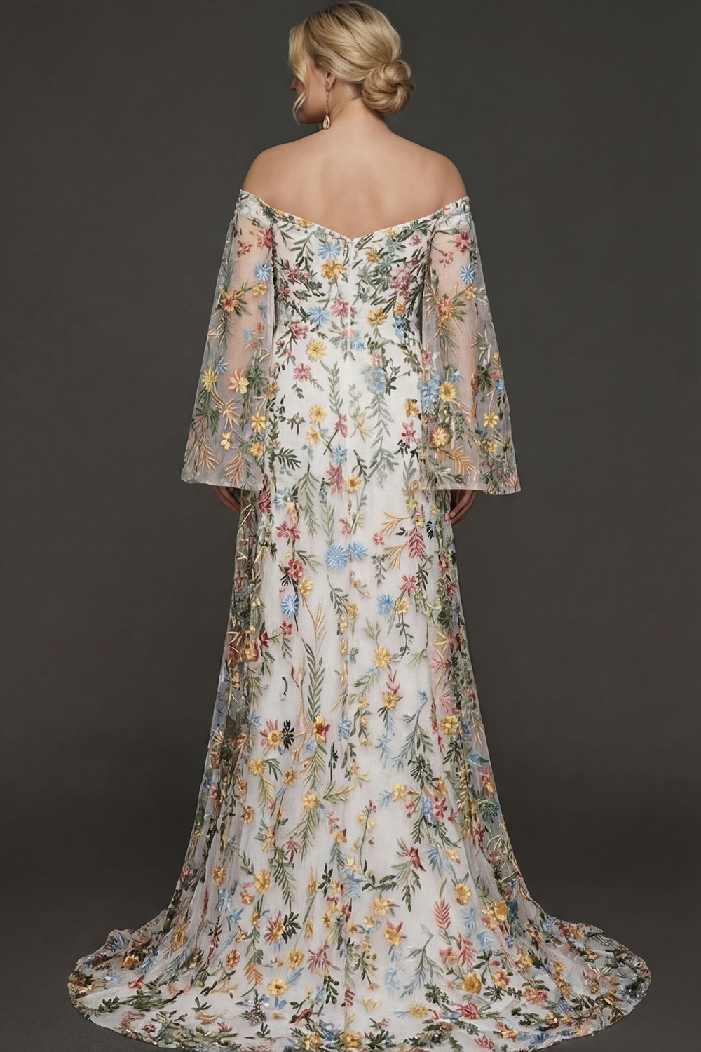 Embroidered Mauve Floral Plus Size Flutter Sleeves Maxi Prom Dress with Slit