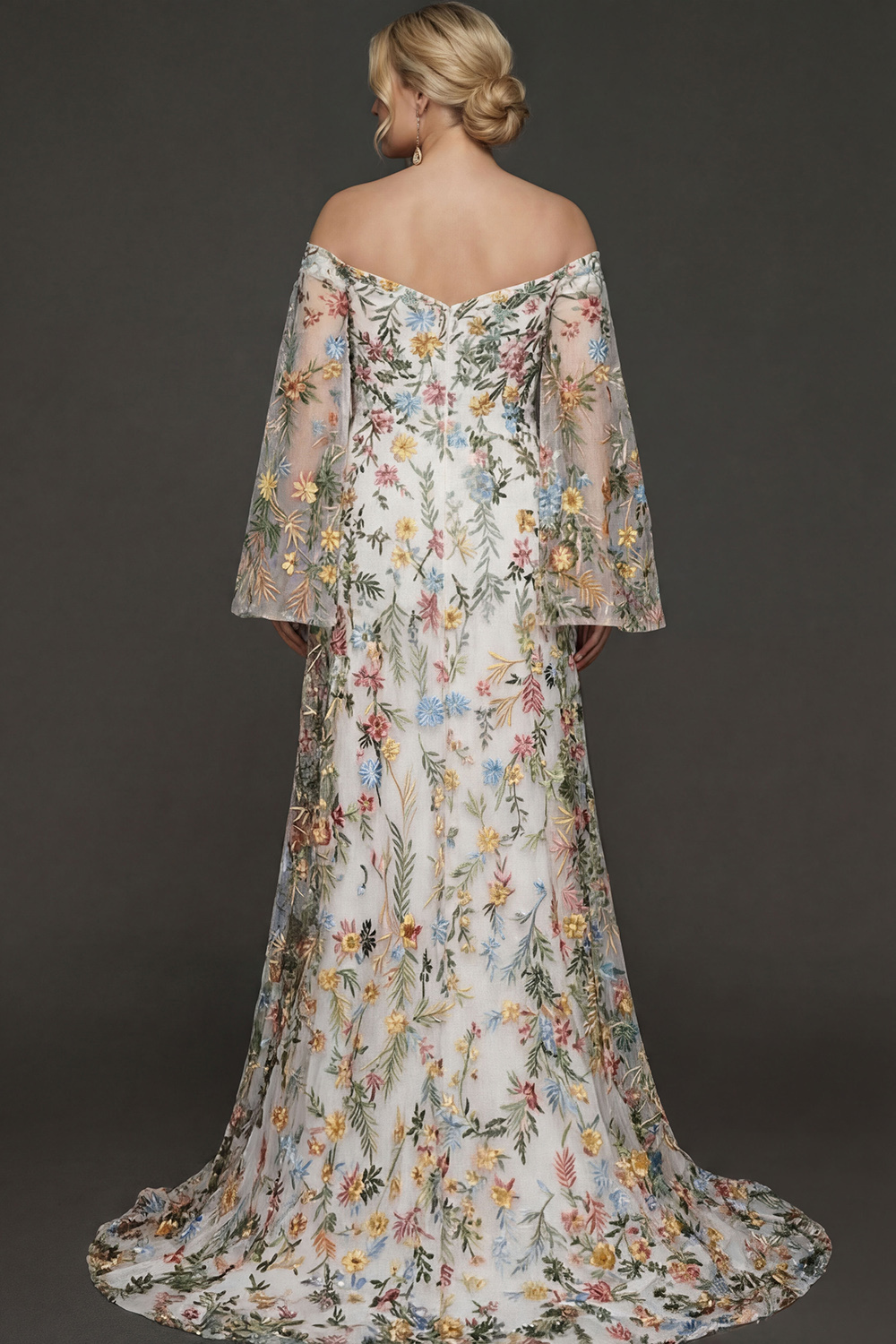 Embroidered Mauve Floral Plus Size Flutter Sleeves Maxi Prom Dress with Slit