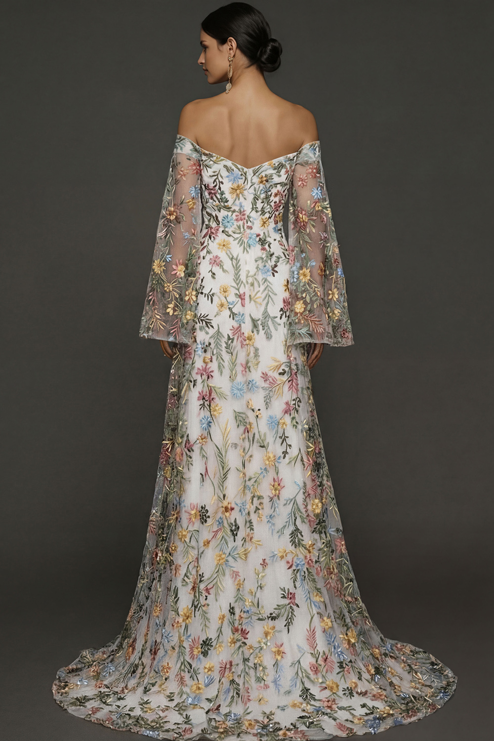 Mauve Floral Embroidered Flutter Sleeves Maxi Prom Dress with Slit