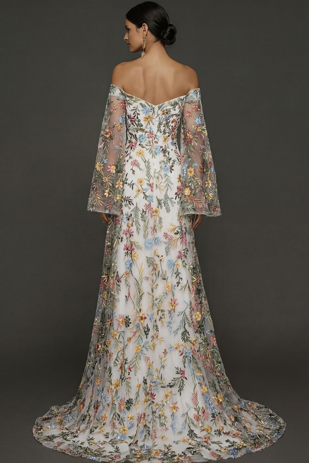 Mauve Floral Embroidered Flutter Sleeves Maxi Prom Dress with Slit