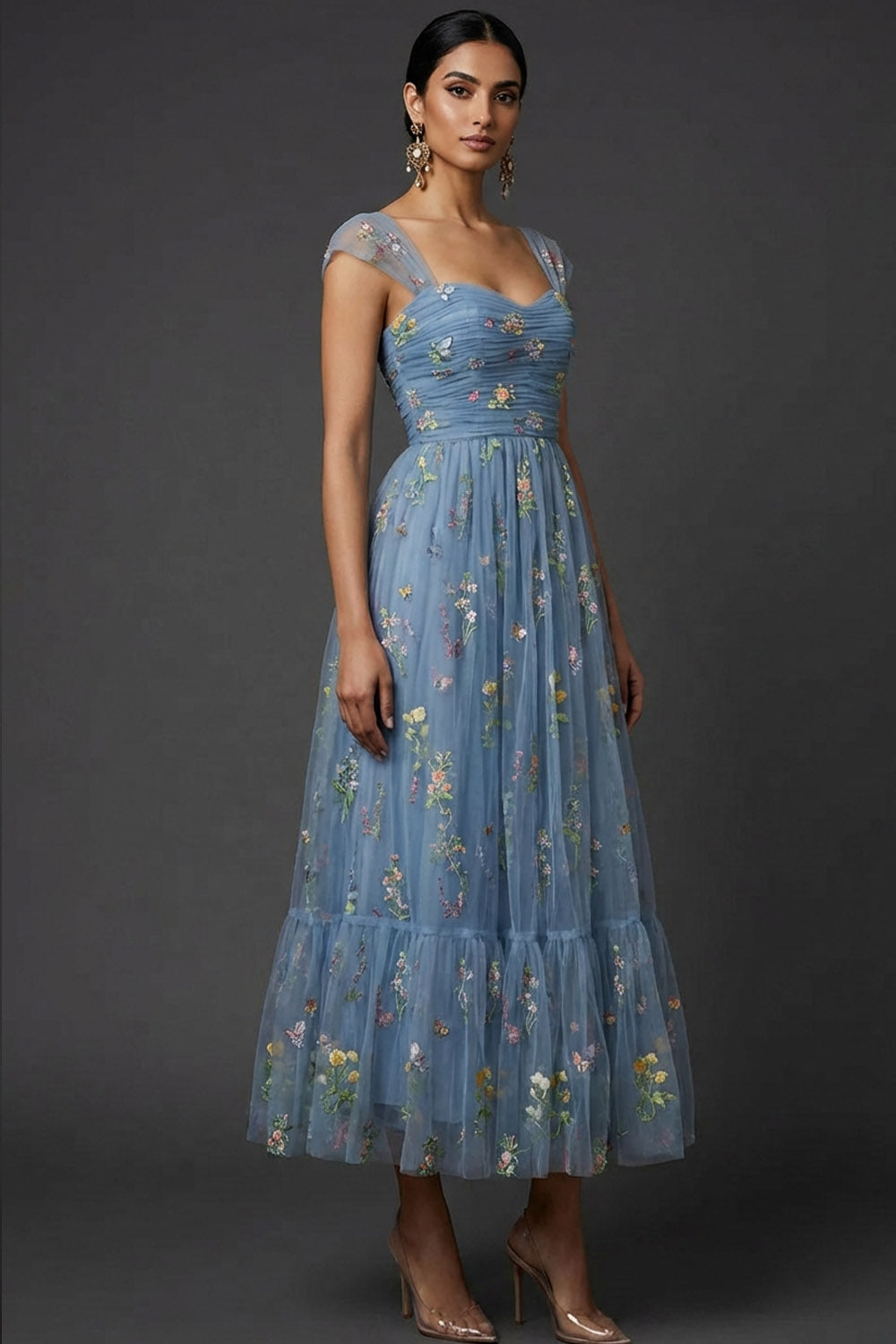 Grey Blue Floral Embroidered A-Line Midi Prom Dress