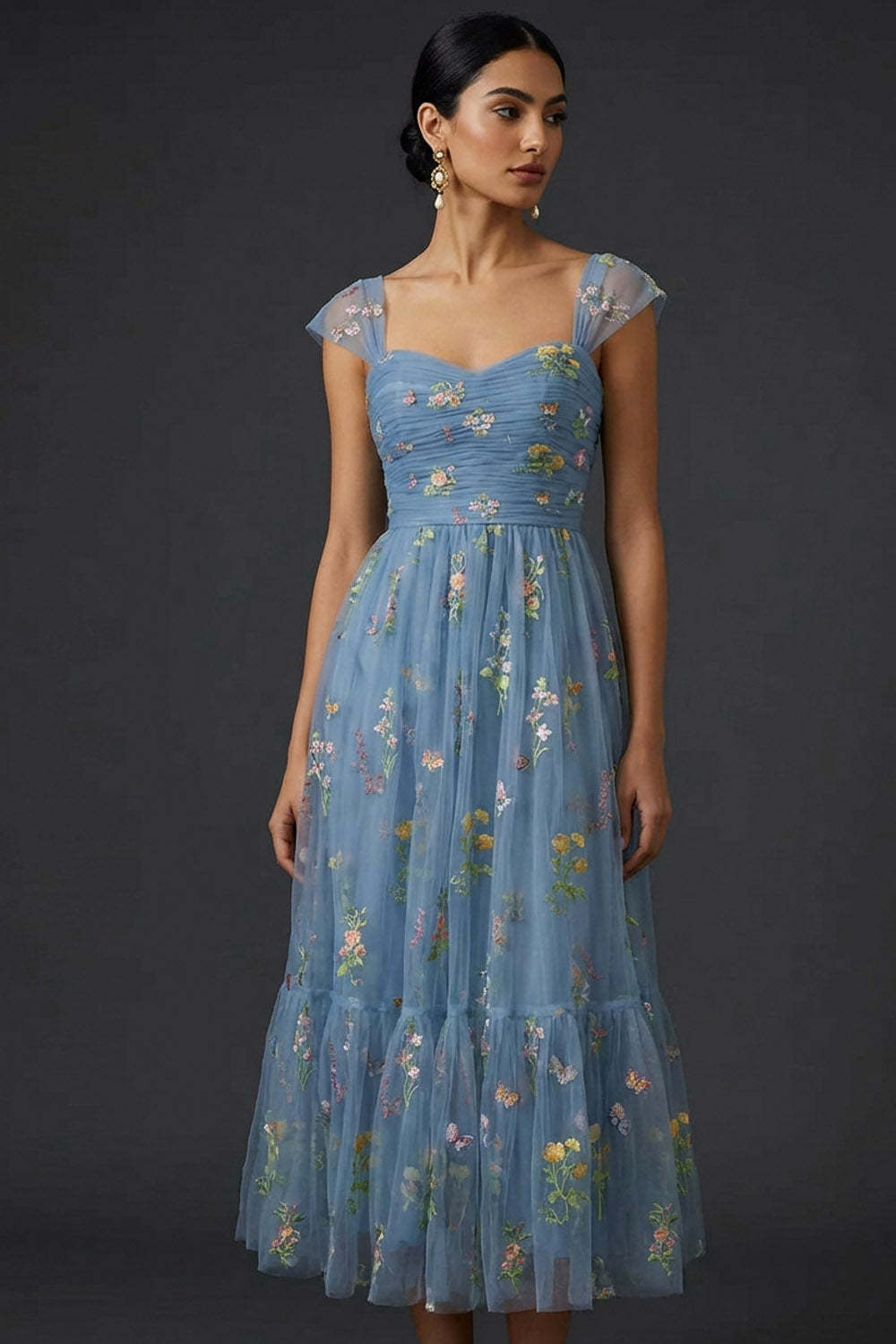 Grey Blue Floral Embroidered A-Line Midi Prom Dress
