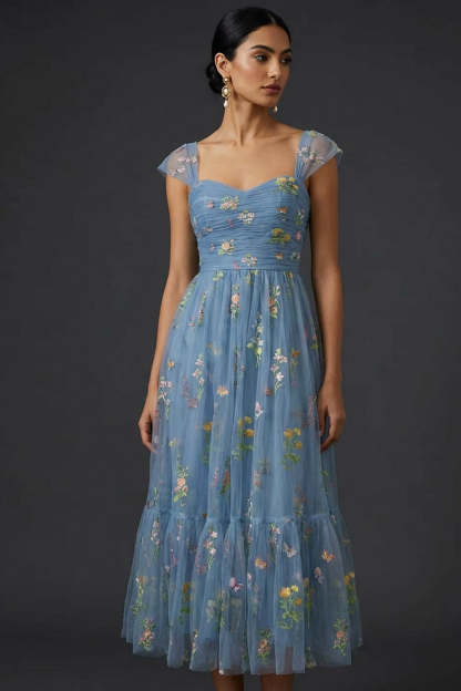Grey Blue Floral Embroidered A-Line Midi Prom Dress