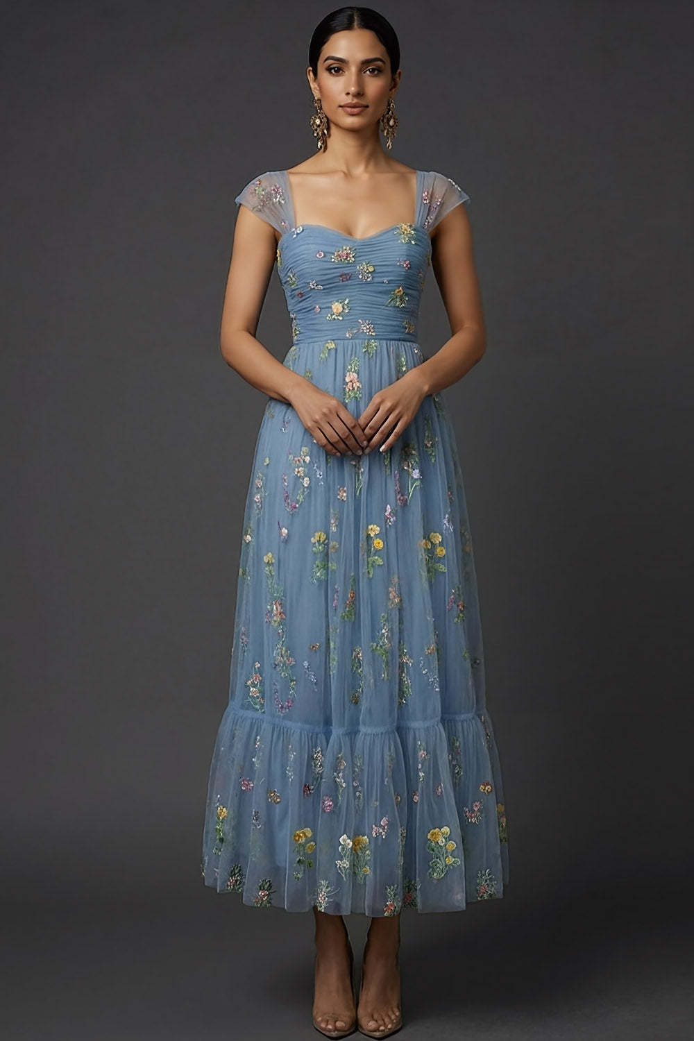 Grey Blue Floral Embroidered A-Line Midi Prom Dress
