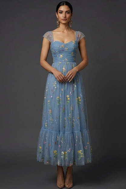 Grey Blue Floral Embroidered A-Line Midi Prom Dress