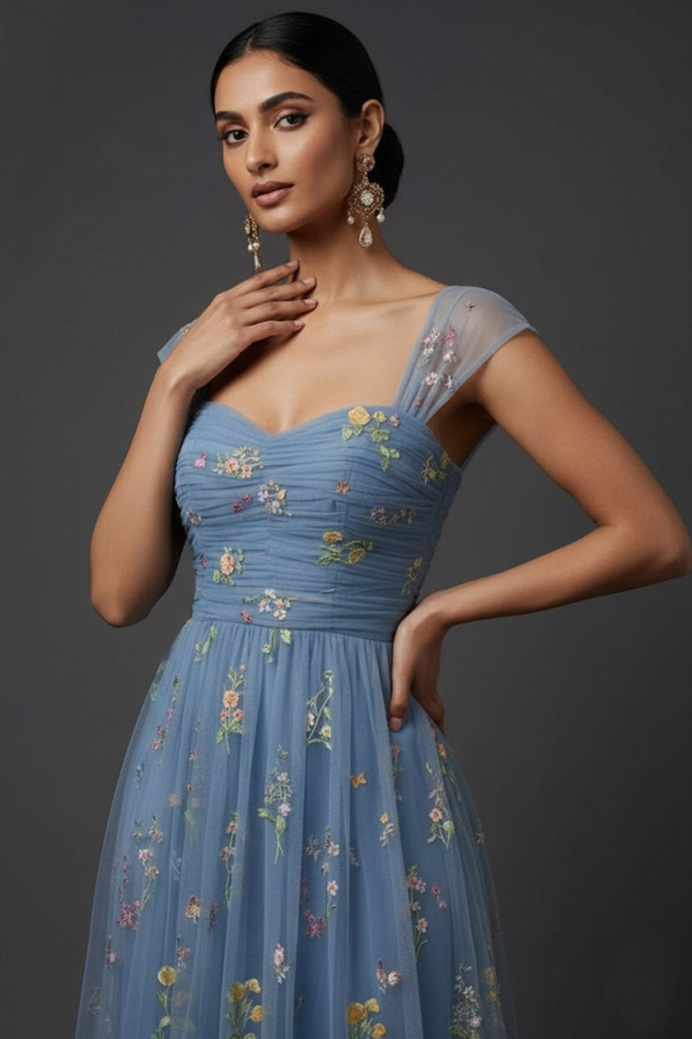 Grey Blue Floral Embroidered A-Line Midi Prom Dress