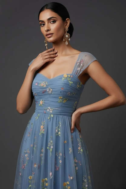 Grey Blue Floral Embroidered A-Line Midi Prom Dress