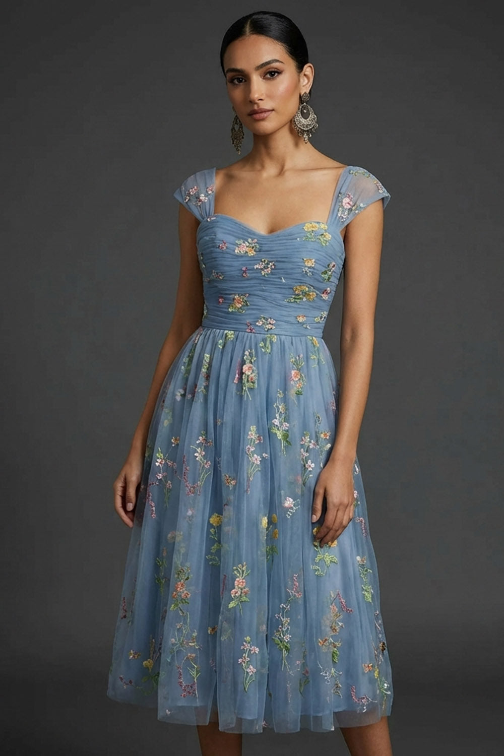 Grey Blue Floral Embroidered A-Line Midi Prom Dress