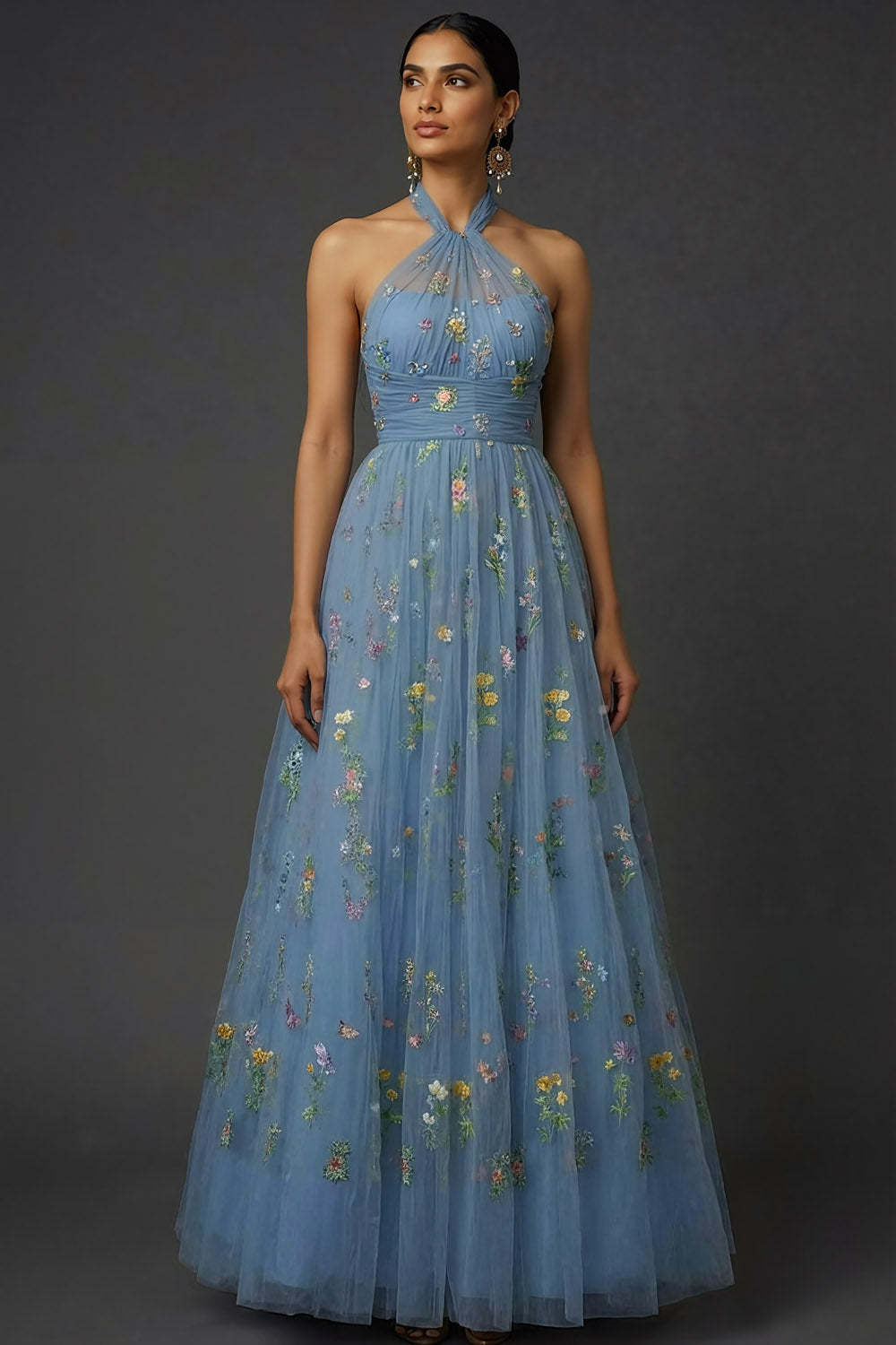 Leely Women Maxi Floral A-Line Prom Dress Embroidered Cross Halter Backless Gala Dress