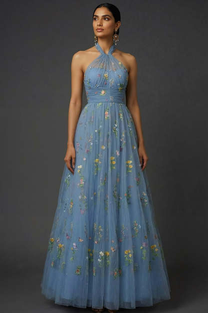 Leely Women Maxi Floral A-Line Prom Dress Embroidered Cross Halter Backless Gala Dress