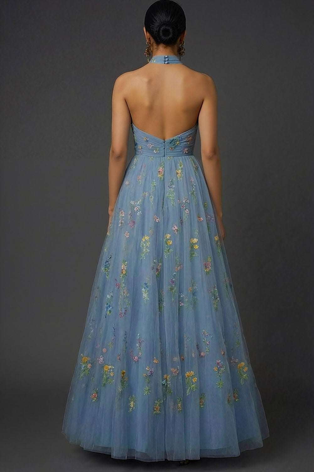 Floral Grey Blue Embroidered Cross Halter Maxi Prom Dress