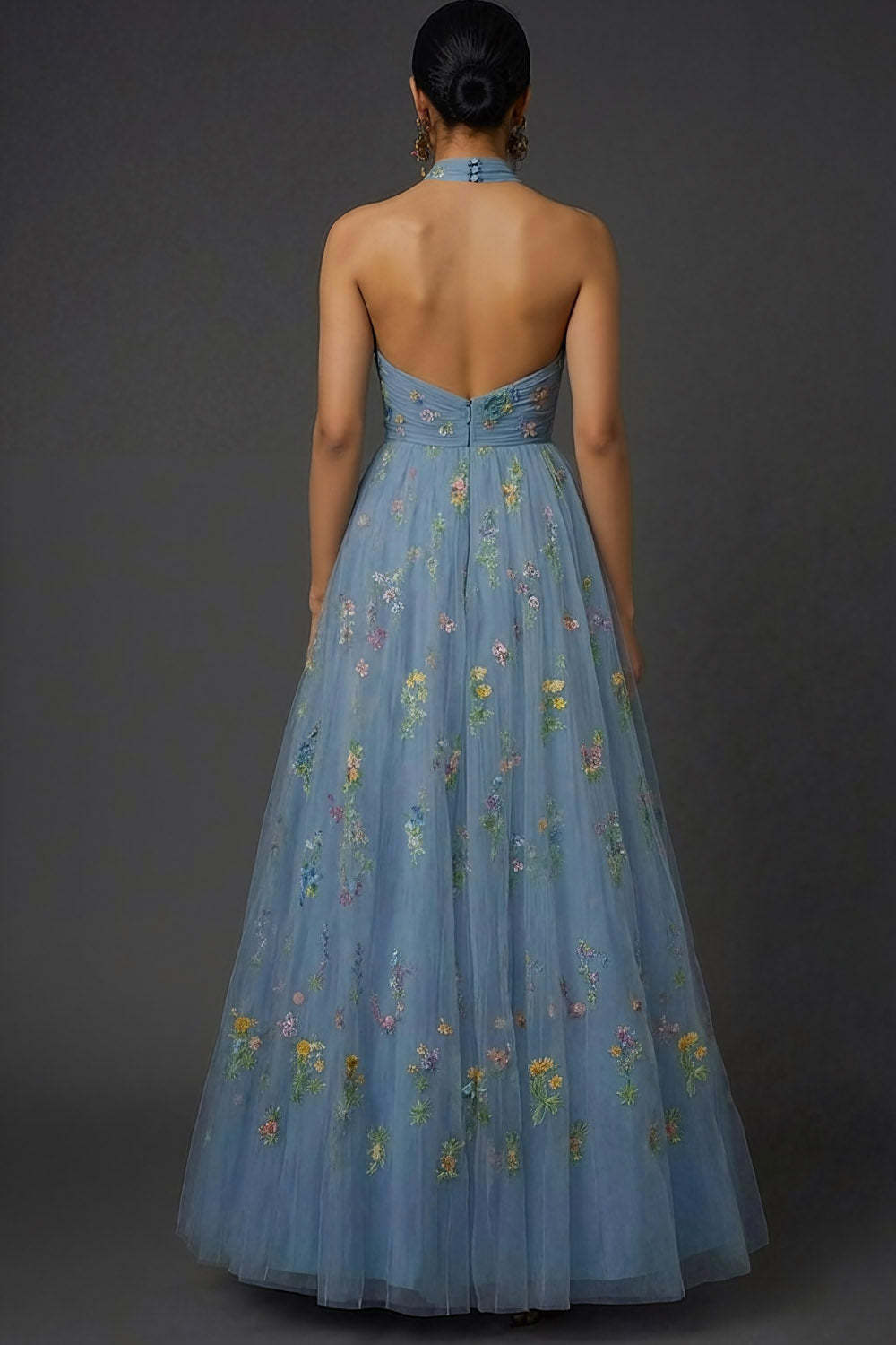 Floral Grey Blue Embroidered Cross Halter Maxi Prom Dress