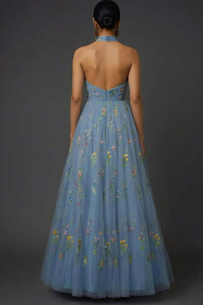 Floral Grey Blue Embroidered Cross Halter Maxi Prom Dress