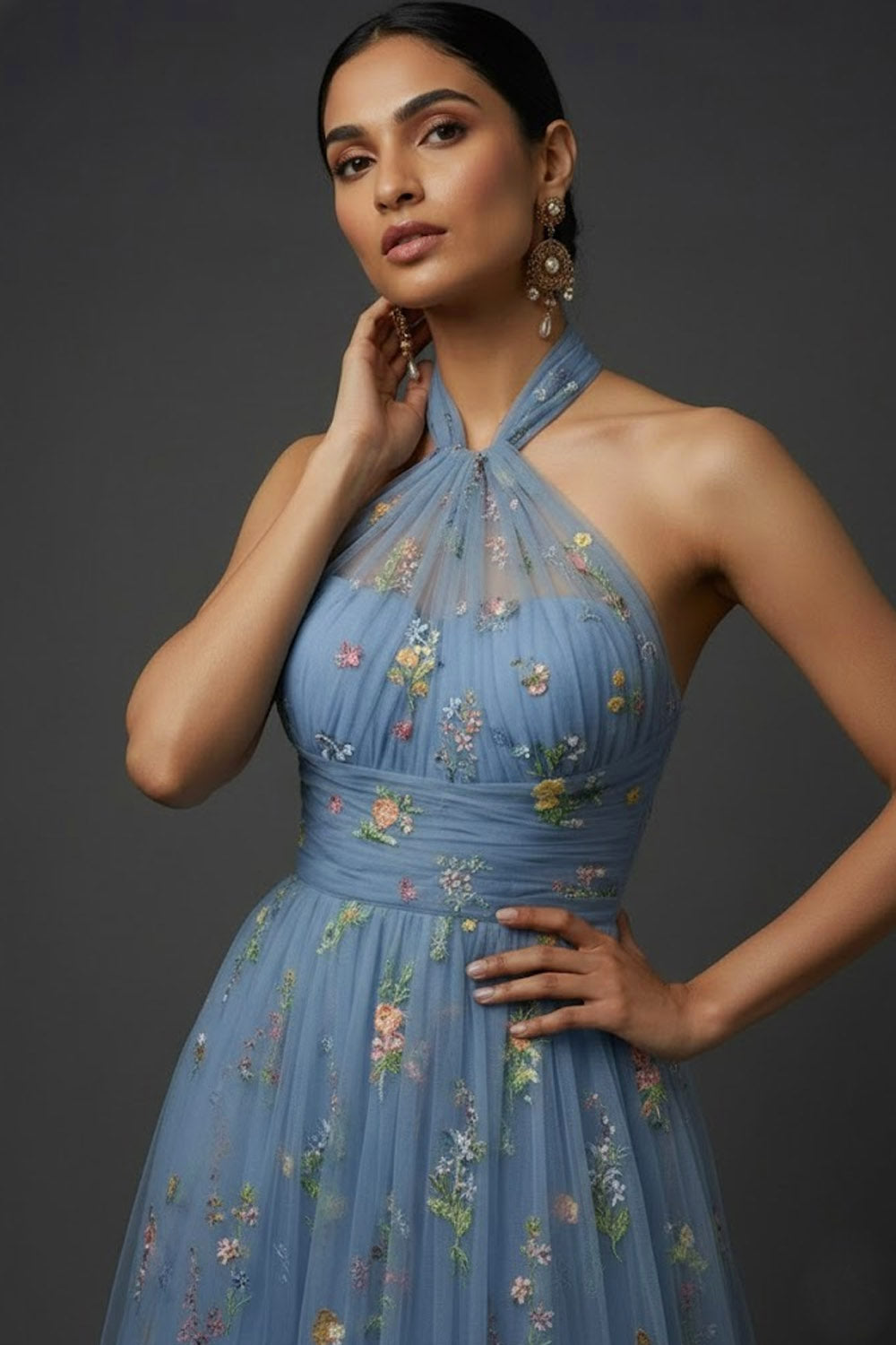 Floral Grey Blue Embroidered Cross Halter Maxi Prom Dress