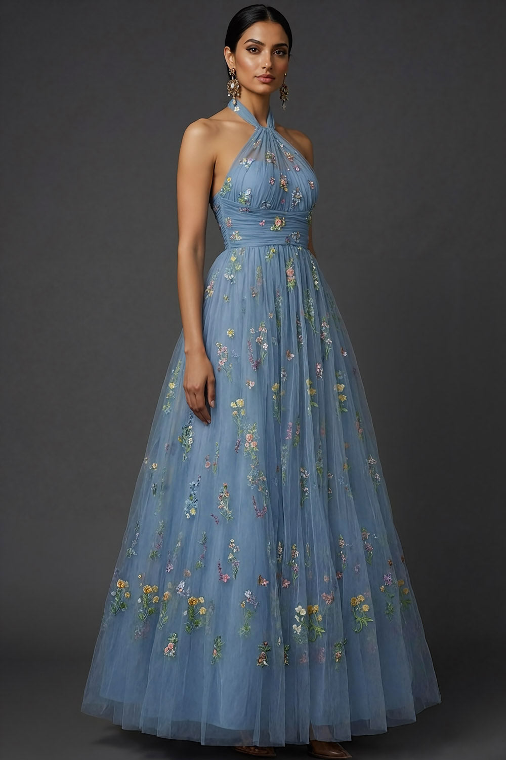 Floral Grey Blue Embroidered Cross Halter Maxi Prom Dress