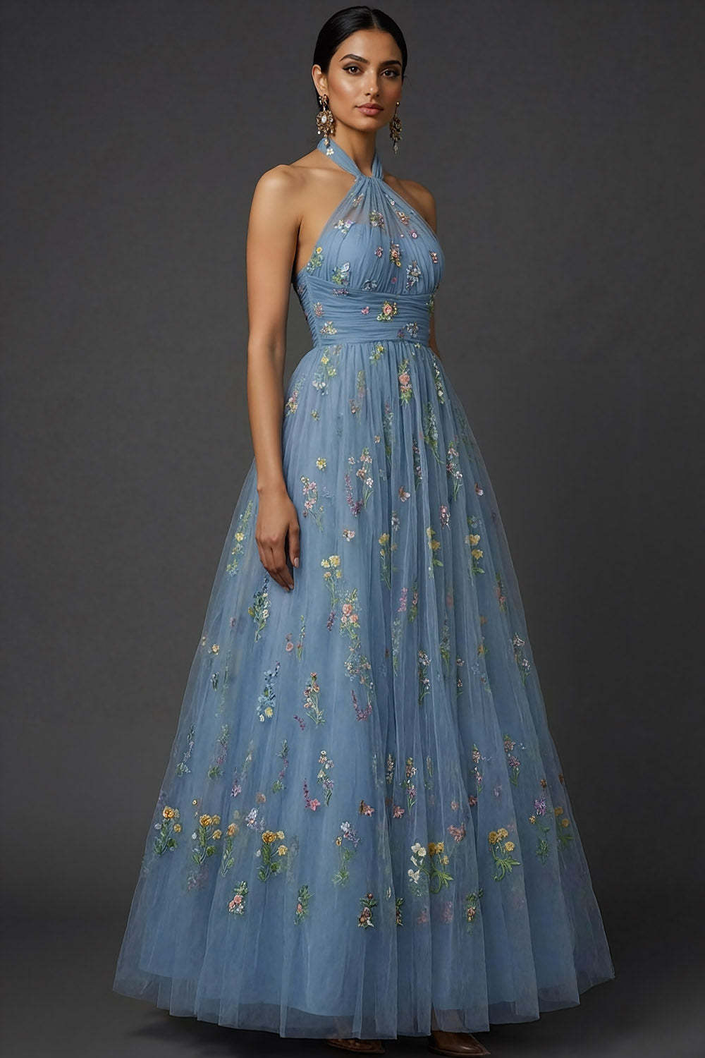 Floral Grey Blue Embroidered Cross Halter Maxi Prom Dress