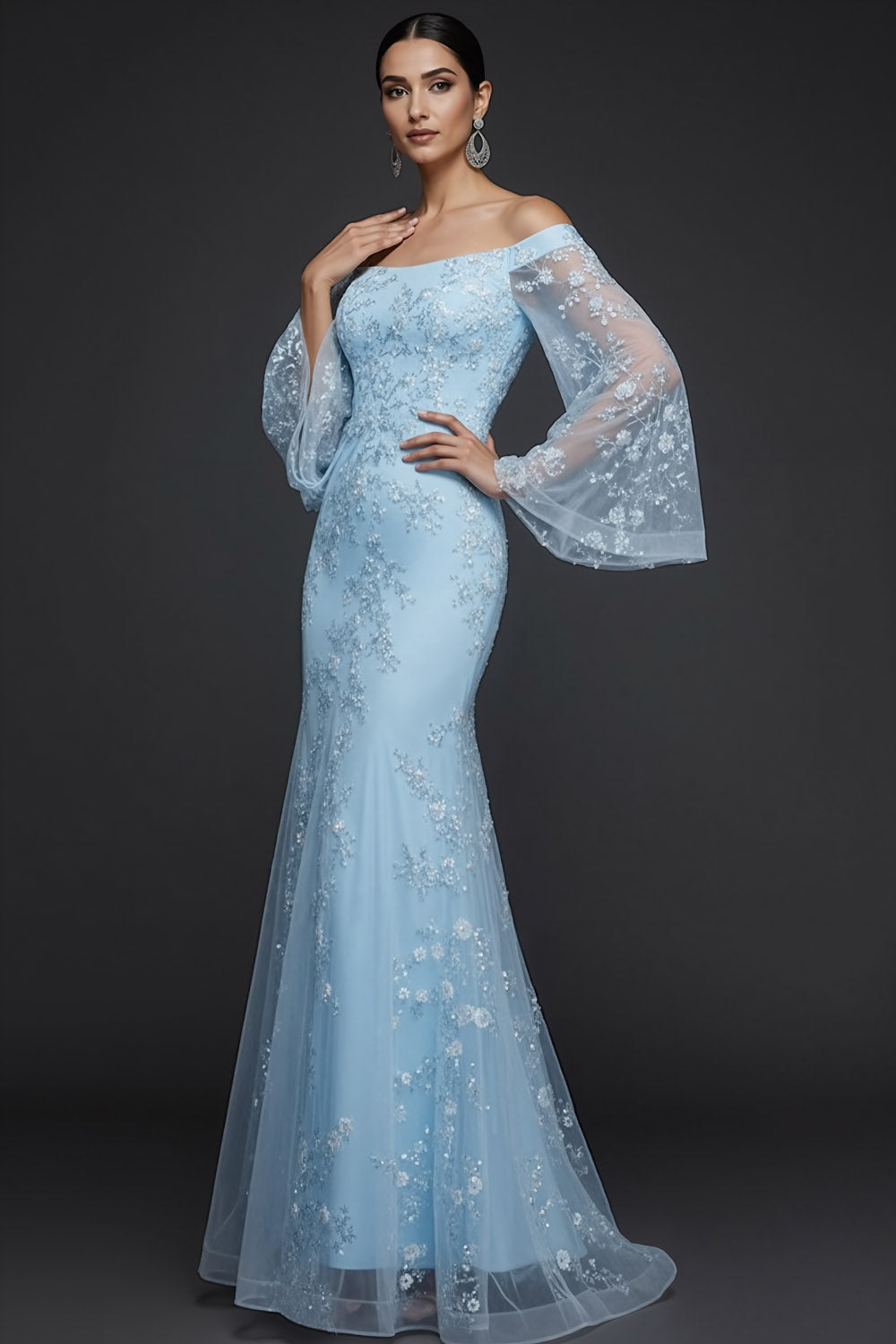 Blue Mermaid Long Floral Flutter Sleeves Prom Dress with Sequins