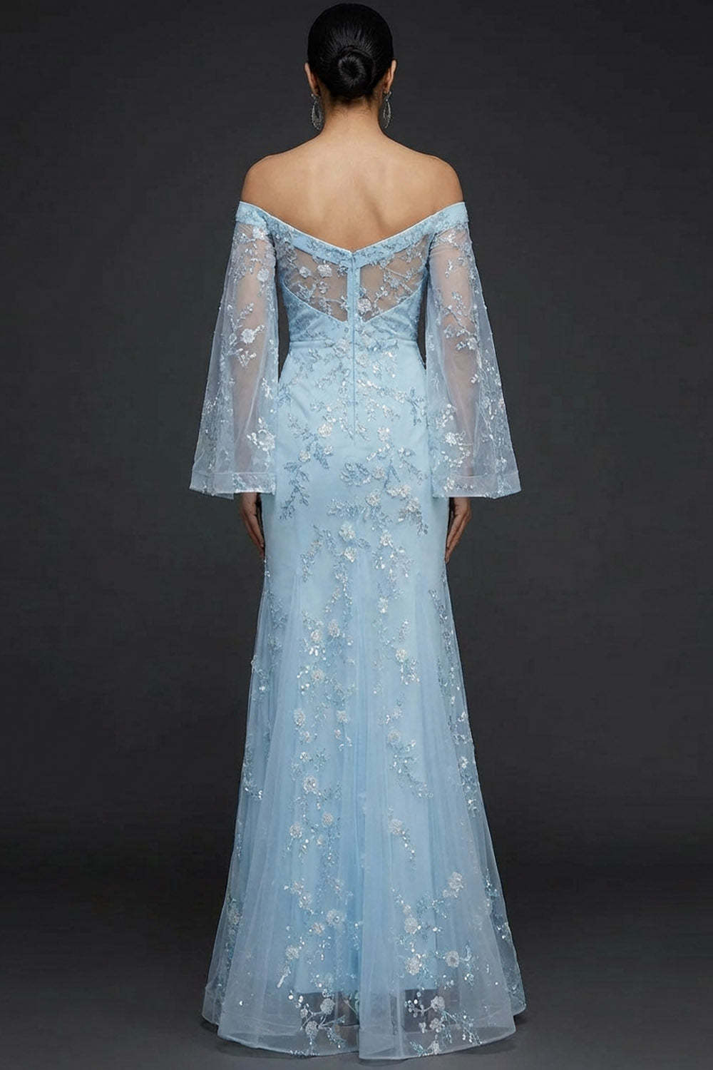 Blue Mermaid Long Floral Flutter Sleeves Prom Dress with Sequins
