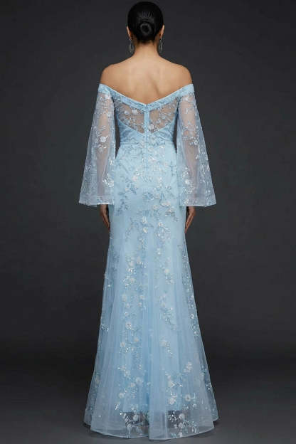 Blue Mermaid Long Floral Flutter Sleeves Prom Dress with Sequins