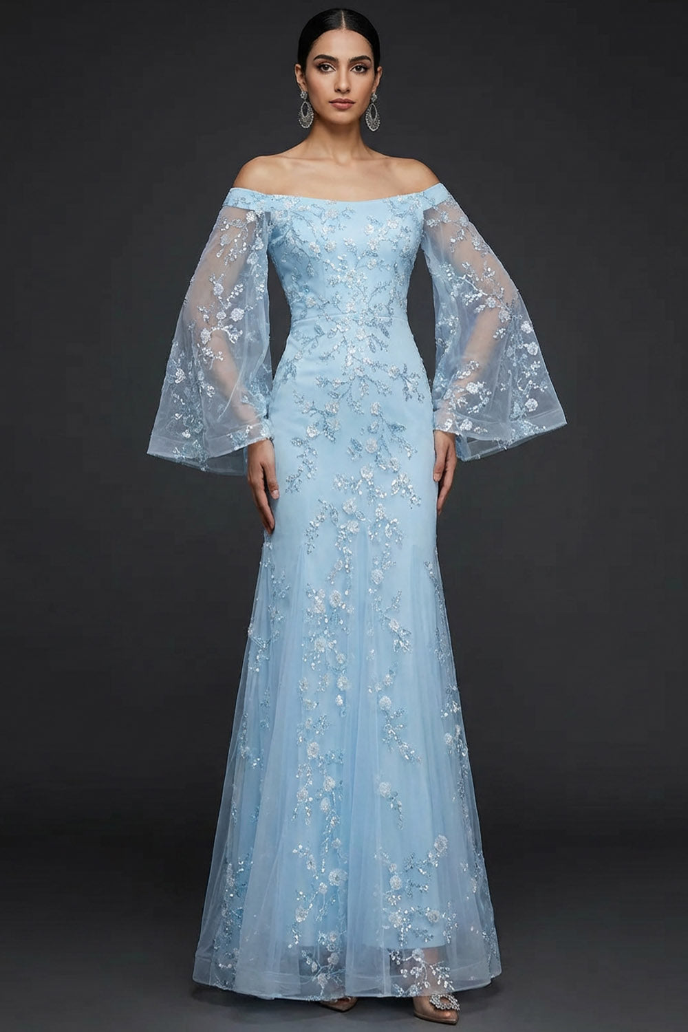 Blue Mermaid Long Floral Flutter Sleeves Prom Dress with Sequins