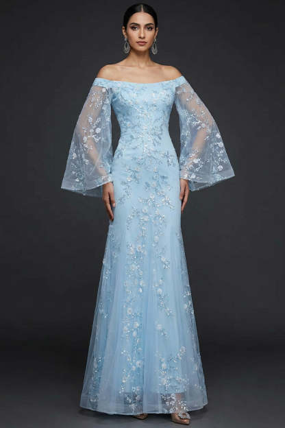 Blue Mermaid Long Floral Flutter Sleeves Prom Dress with Sequins