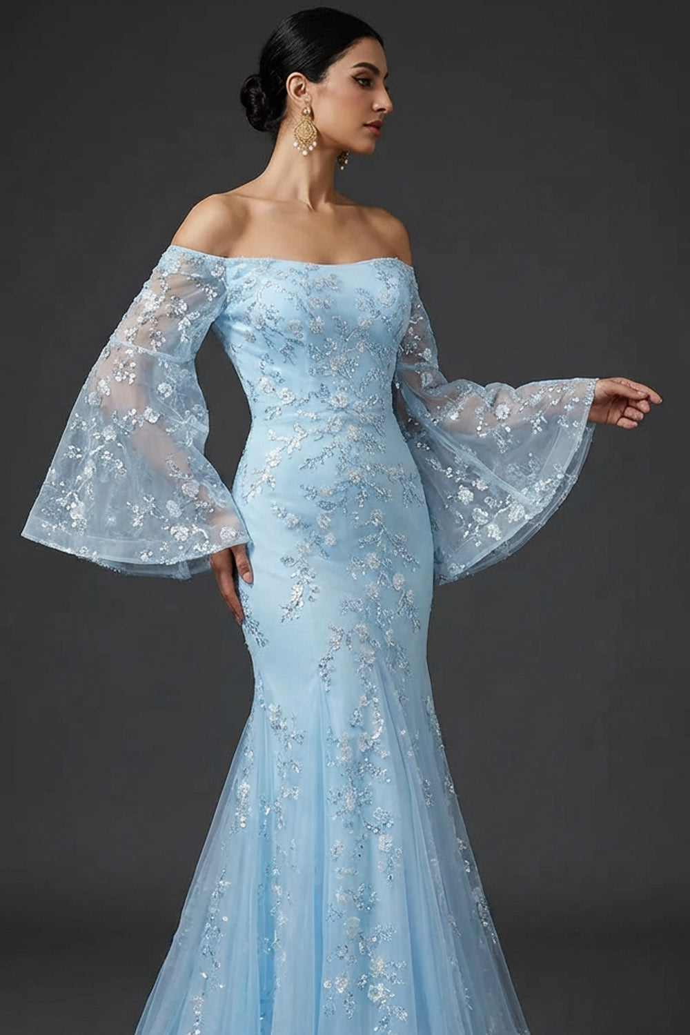 Blue Mermaid Long Floral Flutter Sleeves Prom Dress with Sequins