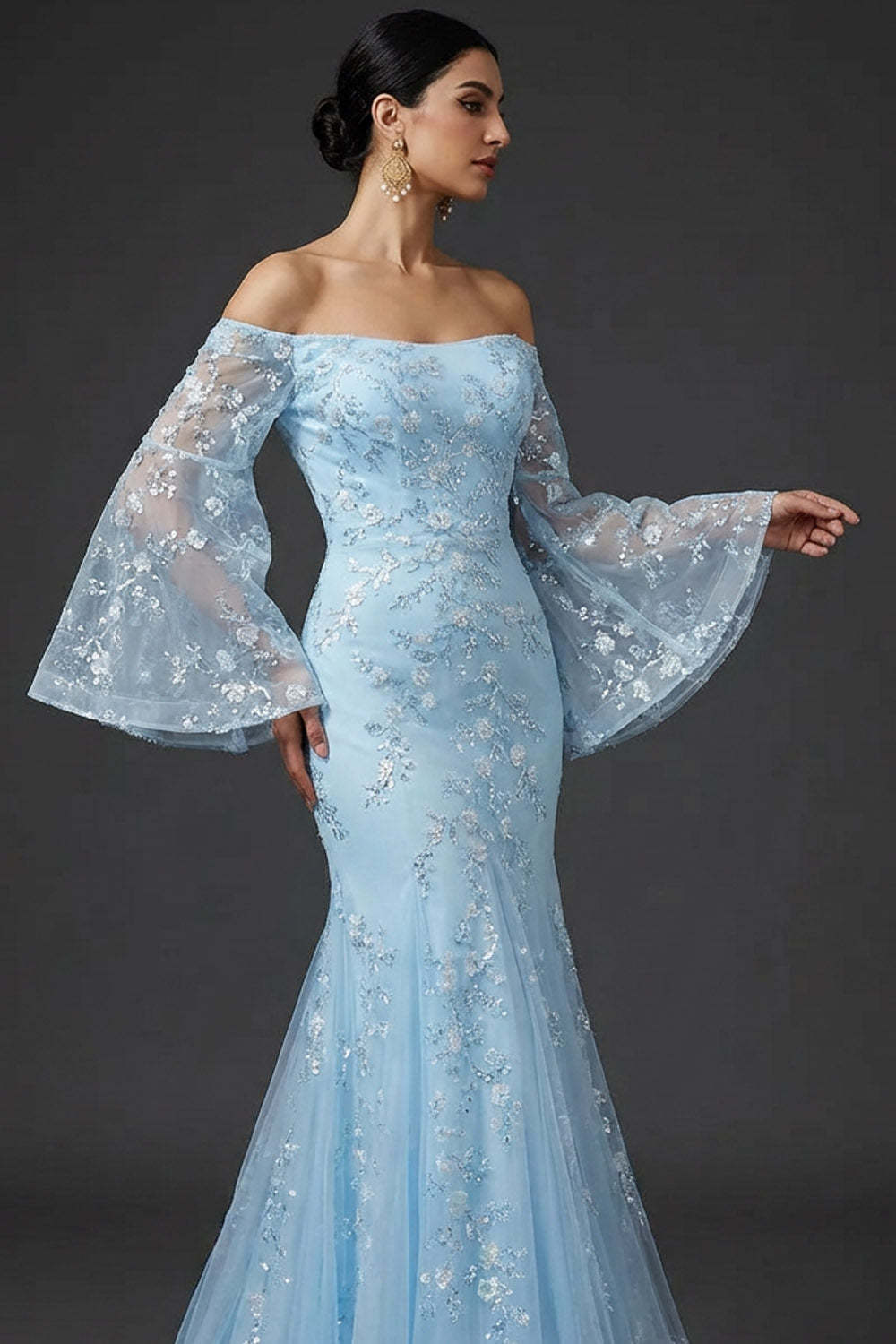 Blue Mermaid Long Floral Flutter Sleeves Prom Dress with Sequins