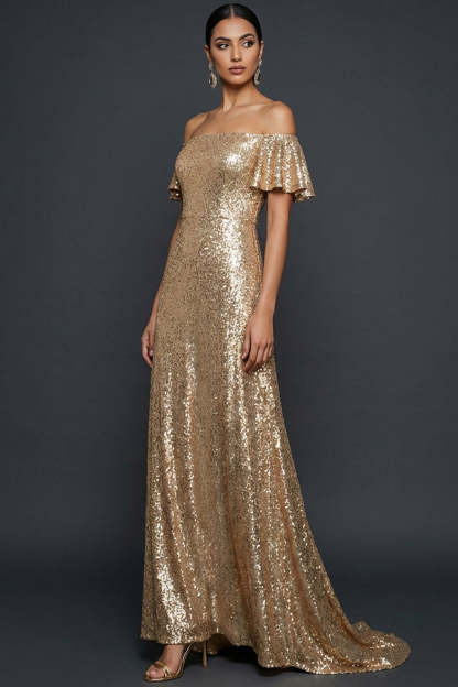 Leely Women Sparkly Sequined Long Formal Dress with Ruffles Off the Shoulder Flutter Sleeves A-Line Evening Dress