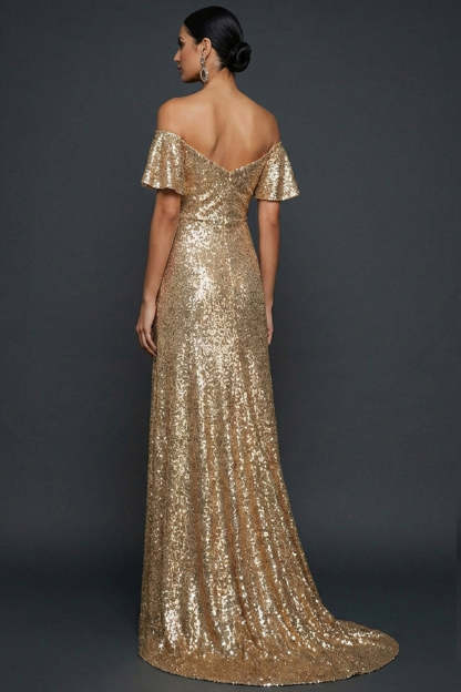 Sparkly Golden Sequined Flutter Sleeves Maxi Evening Dress