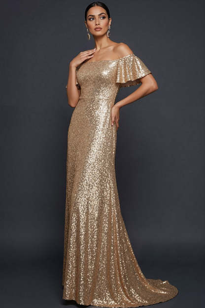 Sparkly Golden Sequined Flutter Sleeves Maxi Evening Dress