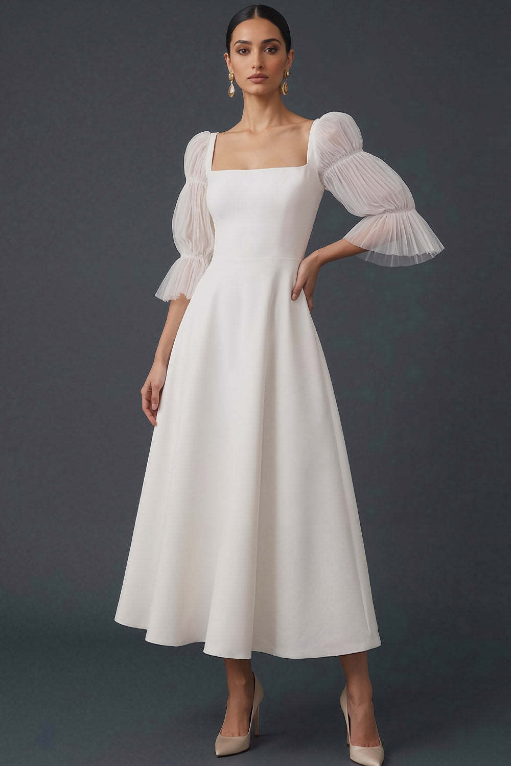 Leely Women Elegent White Midi Engagement Dress with Sleeves Square Neck A-Line Bridal Shower Dress