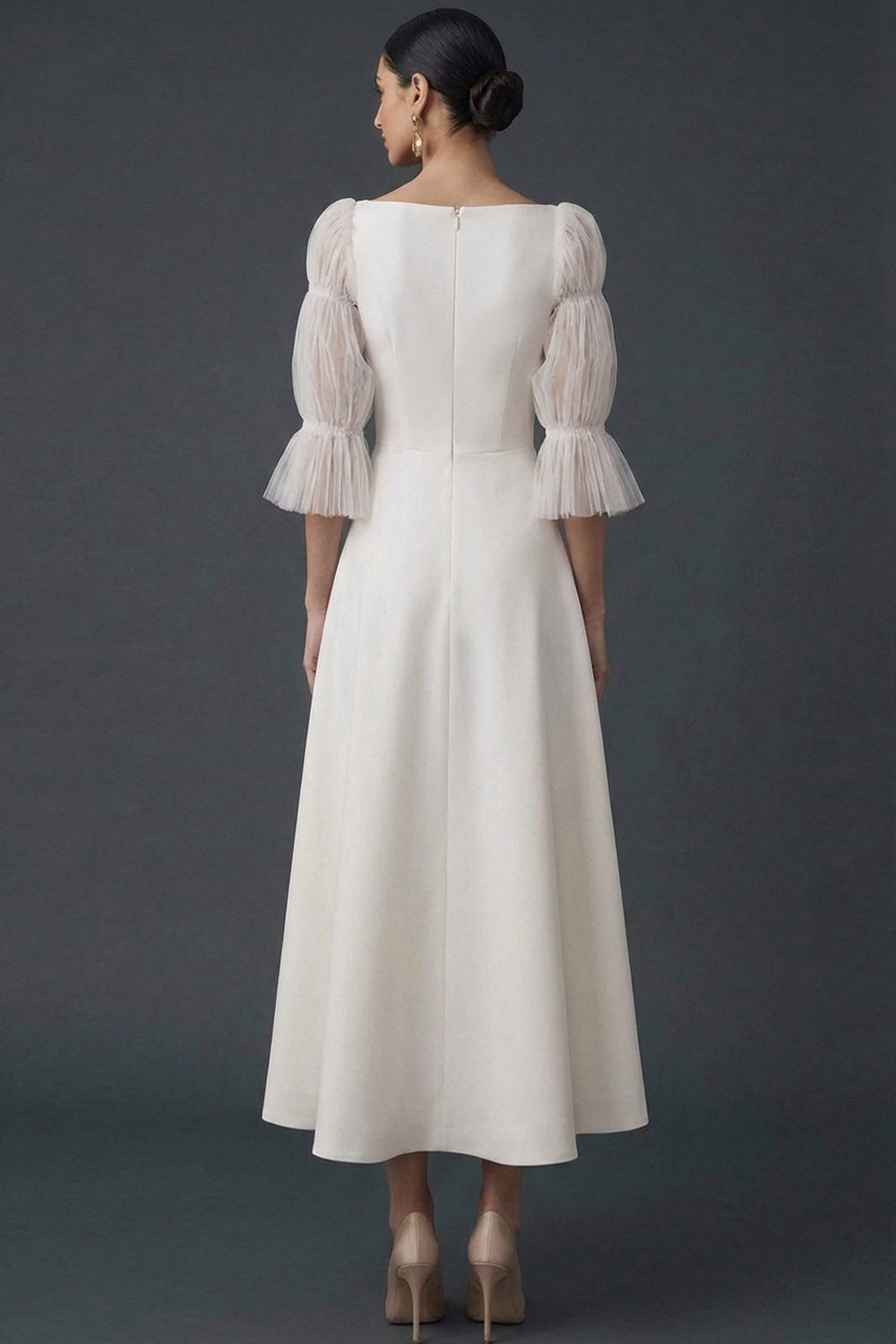 White Square Neck A-Line Midi Engagement Dress with Sleeves