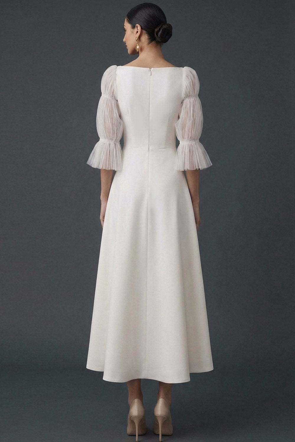 White Square Neck A-Line Midi Engagement Dress with Sleeves