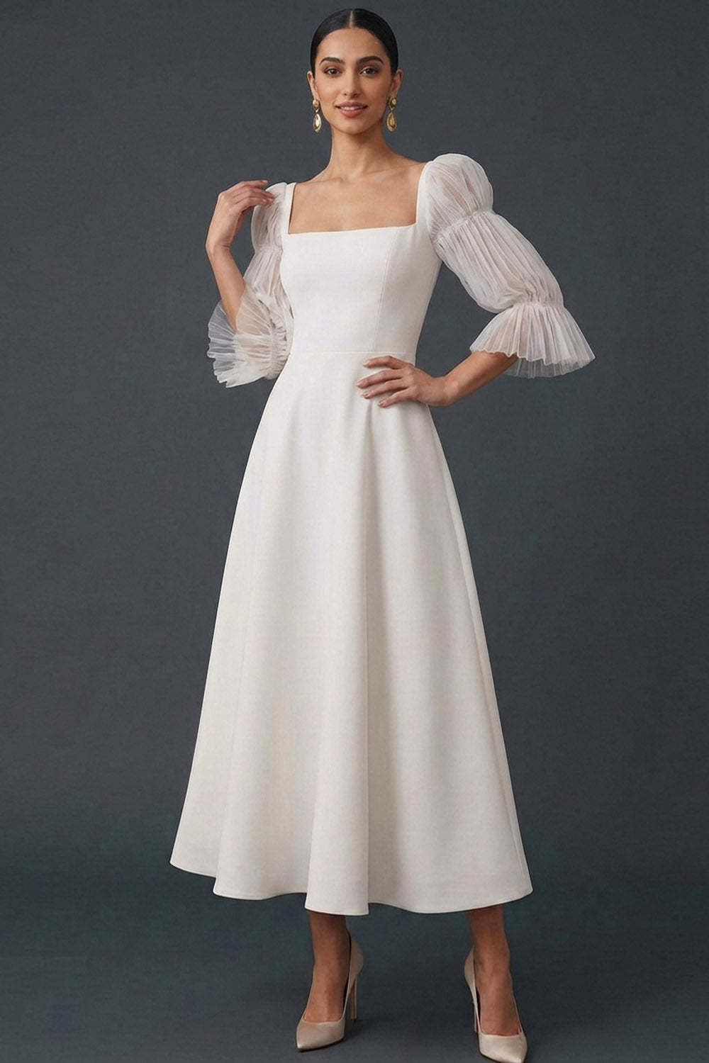 White Square Neck A-Line Midi Engagement Dress with Sleeves