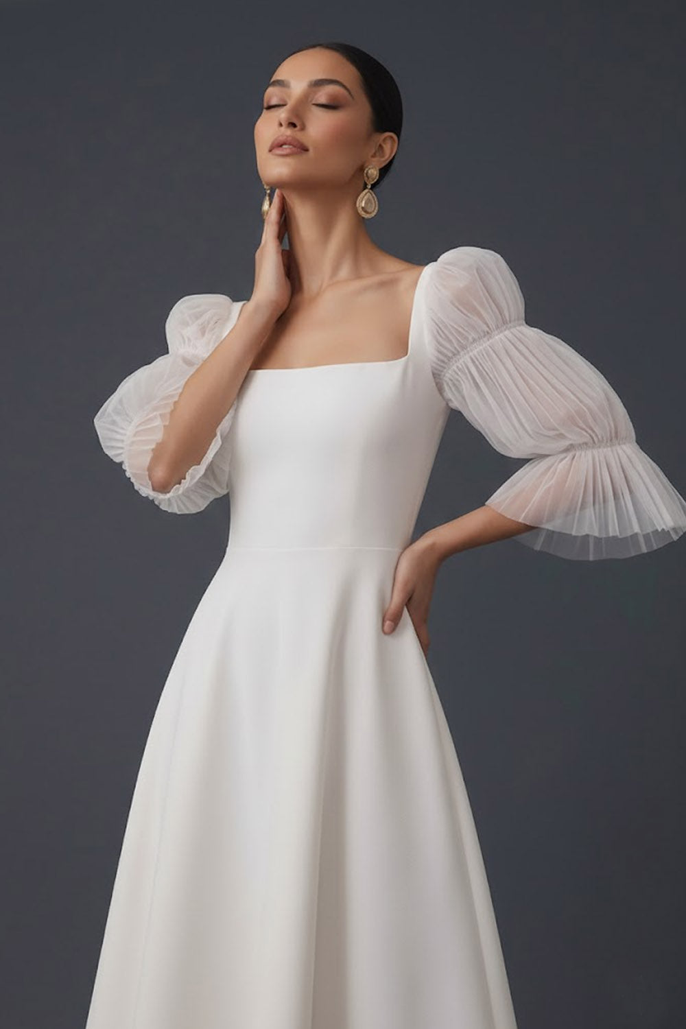 White Square Neck A-Line Midi Engagement Dress with Sleeves