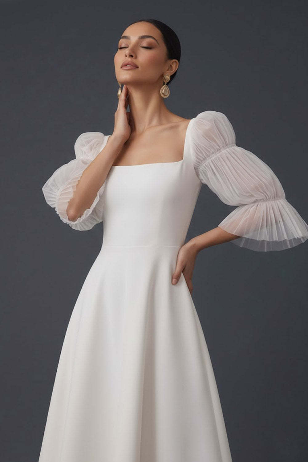 White Square Neck A-Line Midi Engagement Dress with Sleeves