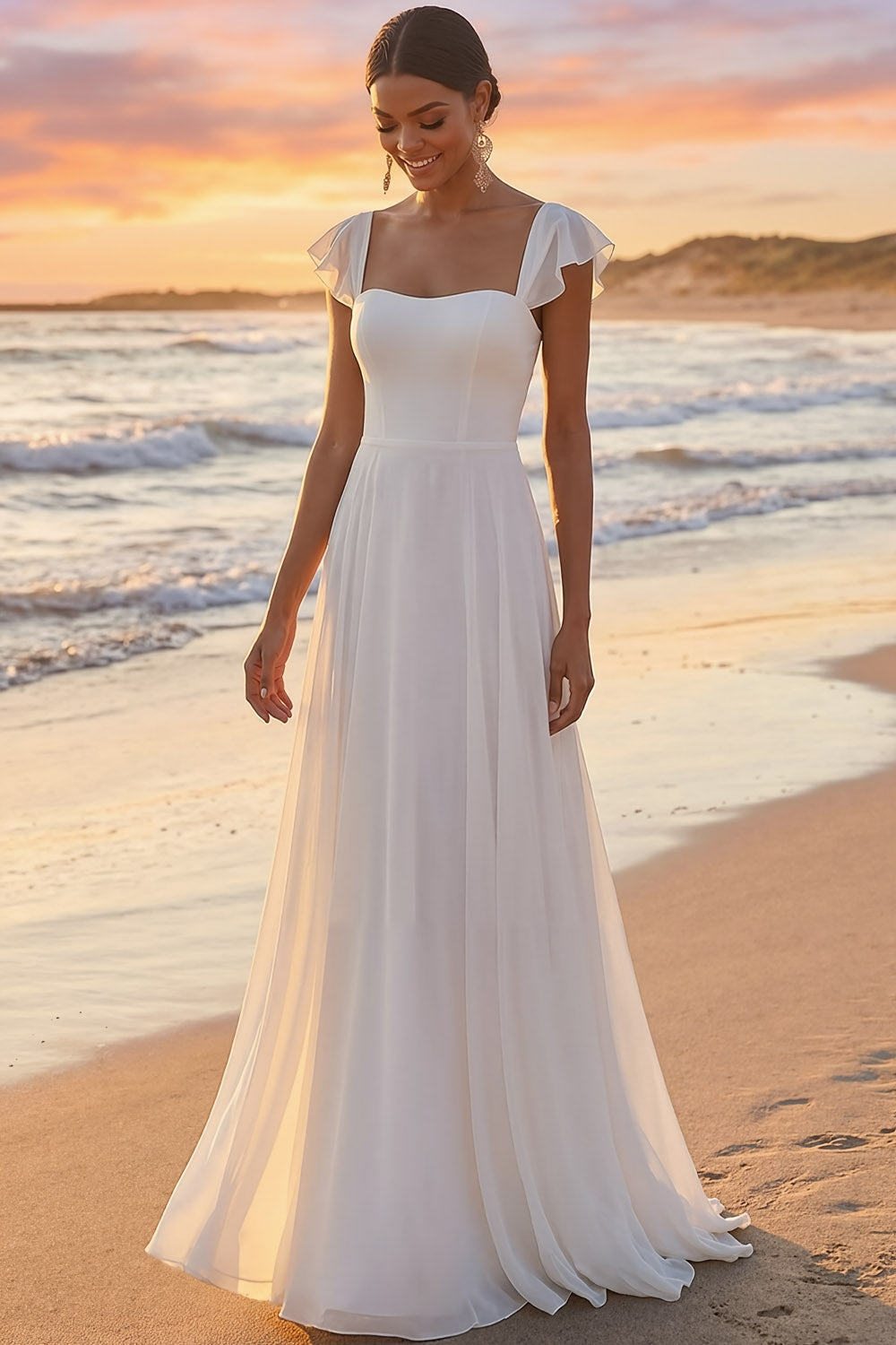 White Square Neck A-Line Ruffled Chiffon Long Wedding Reception Dress