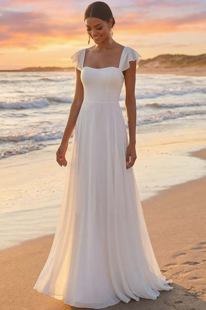 Leely Women Elegent White Long Wedding Reception Dress with Ruffles Square Neck Chiffon A-Line Rehearsal Dinner Dress