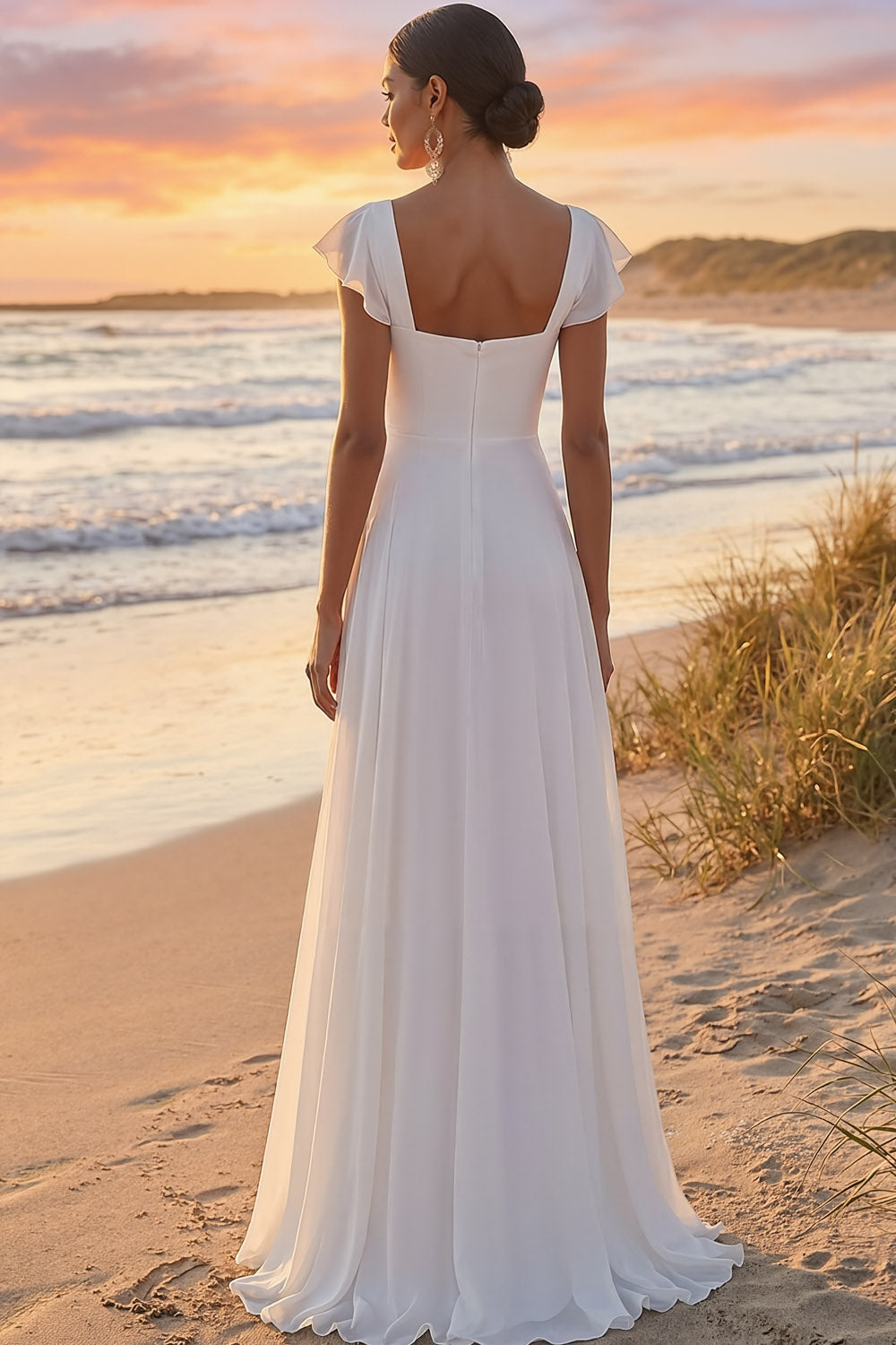 White Square Neck A-Line Ruffled Chiffon Long Wedding Reception Dress